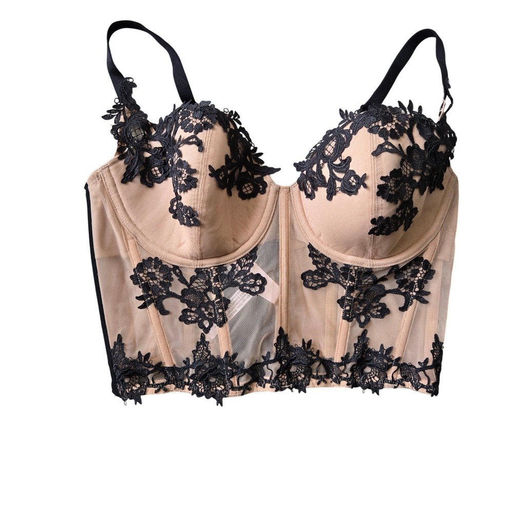Victoria's Secret Dream Angels Lace Longline Bra 34D Nude Black Corset Bustier